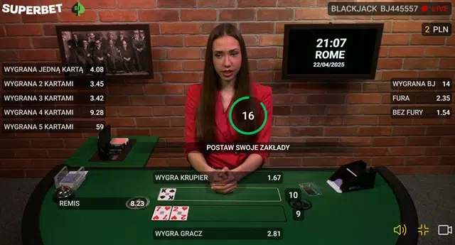 Zakłady na blackjacka na żywo w Superbet. Krupierka i karty na stole.