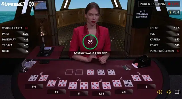 Zakłady na pokera w Superbet - krupierka prowadzi na żywo symulowaną grę przy stole. Oferta kursów na daną partię pokera.