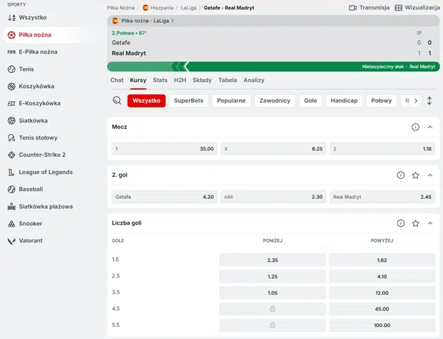 Fragment oferty zakładów live bukmachera Superbet na przykładowy mecz LaLigi: Getafe CF-Real Madryt, w kwietniu 2025 r.