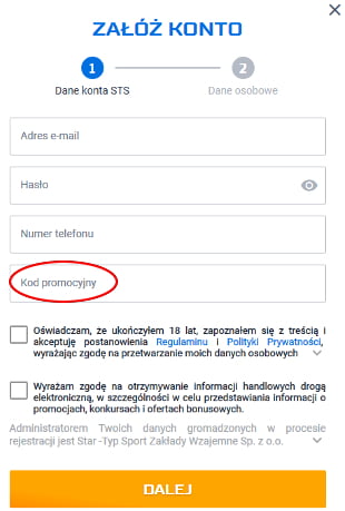 W STS kod promocyjny można podać na 1. ekranie formularza rejestracyjnego rejestracja konta w STS - 1. ekran