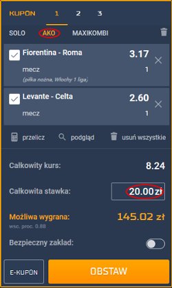 Każdy e-kupon musi zawierać informacje na temat obstawianych typów, kursu i stawki zakładu obstawianie meczy - wnoszenie kuponu AKO