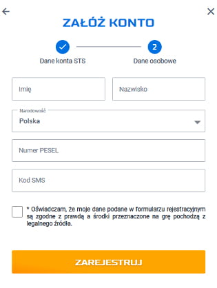 Na 2. ekranie formularza rejestracji STS należy podać dane osobowe formularz rejestracyjny STS - 2. ekran