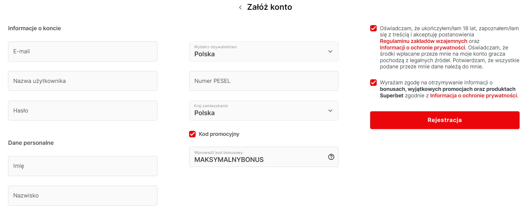 Rejestracja w Superbet - formularz z uzupełnionym kodem promocyjnym: MAKSYMALNYBONUS i zgodami