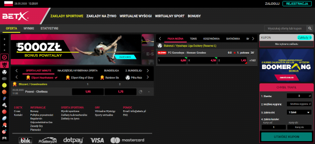 Na stronie internetowej BetX można już obstawiać zakłady sportowe przedmeczowe i na żywo oraz zakłady na sporty wirtualne BetX - strona główna