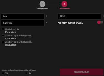 W 2. kroku rejestracji wystarczy podać kilka podstawowych danych osobowych Rejestracja w BetX - 2. krok