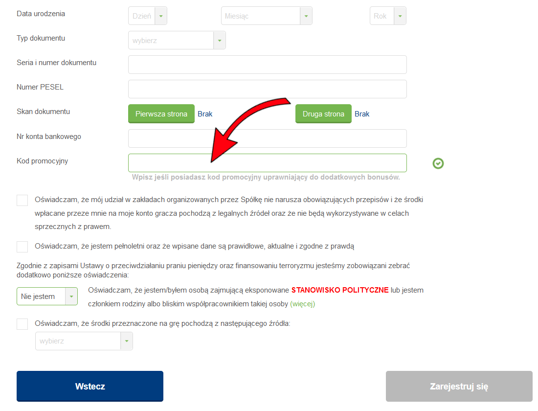 Na ostatnim ekranie formularza jest okazja, by wpisać kod promocyjny forBET Rejestracja w forBET - 3. krok