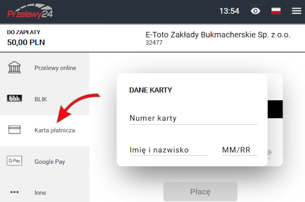 Po wybraniu metody płatności w Etoto, należy podać dane karty Wpłata kartą w Etoto - dane karty