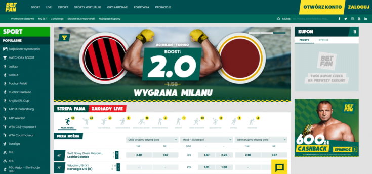W Betfan oferta zakładów jest bardzo szeroka, a promocja Matchday Boost codziennie zwiększa kursy wybranych zdarzeń Betfan - oferta