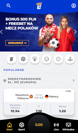 Aplikacja eWinner wyróżnia się nietypowym dolnym panelem, w którego centrum widnieje informacja o kursie e-kuponu gracza Aplikacja bukmacherska eWinner