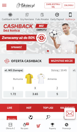 Słynny cashback bukmachera Fuksiarz dostępny jest też przez apkę Aplikacja bukmacherska Fuksiarz