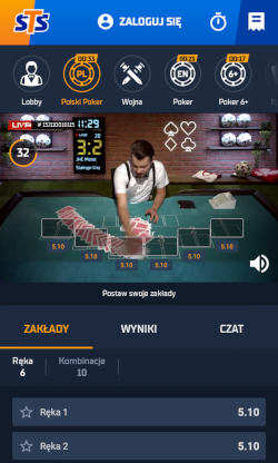W aplikacji STS można obstawiać także gry karciane na żywo, w tym Polski Poker Aplikacja bukmacherska STS - BetGames