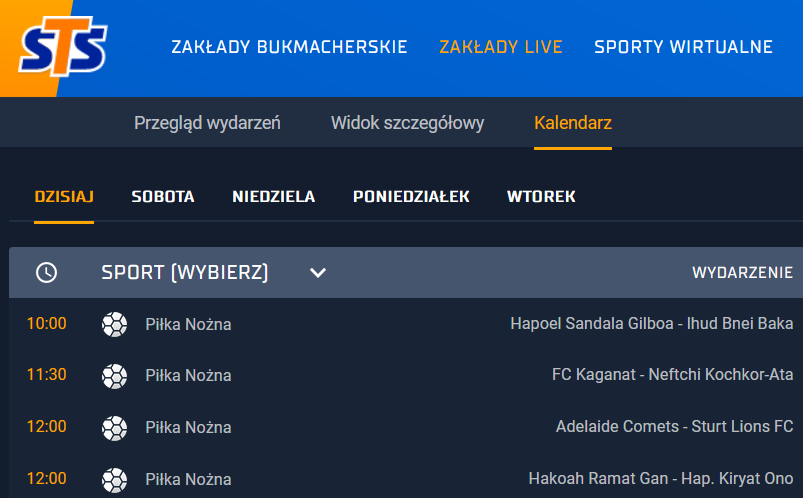 Zakłady bukmacherskie na żywo na kilka następnych dni zamieszczone są na podstronie  STS - oferta na tydzień live