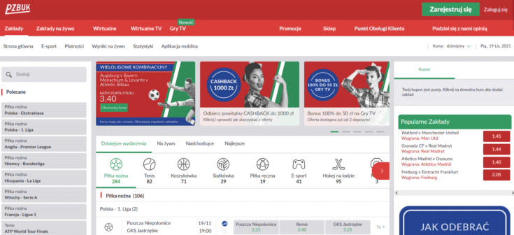 Dostępna w serwisie PZBuk oferta obejmuje zakłady na sport pre-match i live oraz na gry wirtualne PZBuk - oferta