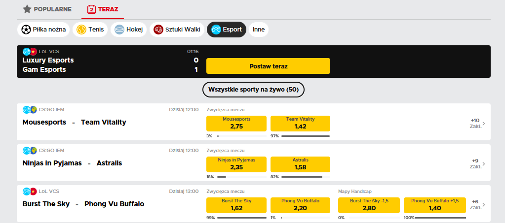 W zakładce  Betclic - oferta na dziś na e-sport