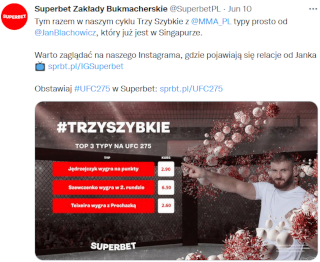 Na profilu Superbet na Twitterze udzielają się też ambasadorzy bukmachera, np. Jan Błachowicz Superbet - marketing na Twitterze