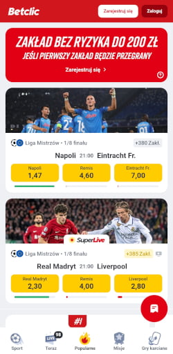 Aplikacja Betclic ma bardzo przejrzystą szatę graficzną Betclic - aplikacja strona główna