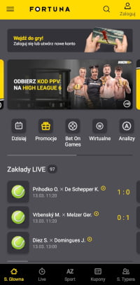Aplikacja mobilna Fortuny ma przejrzysty design Fortuna - aplikacja - strona główna