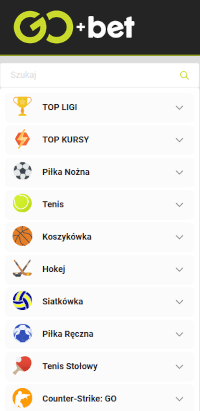 Menu z listą dyscyplin i polem wyszukiwania zakładów w GOBET