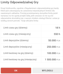 Bukmacher Superbet wyświetla nowemu graczowi domyślne limity czasu i stawek na grę - gracz może je zmienić Odpowiedzialna gra - bukmacher Superbet