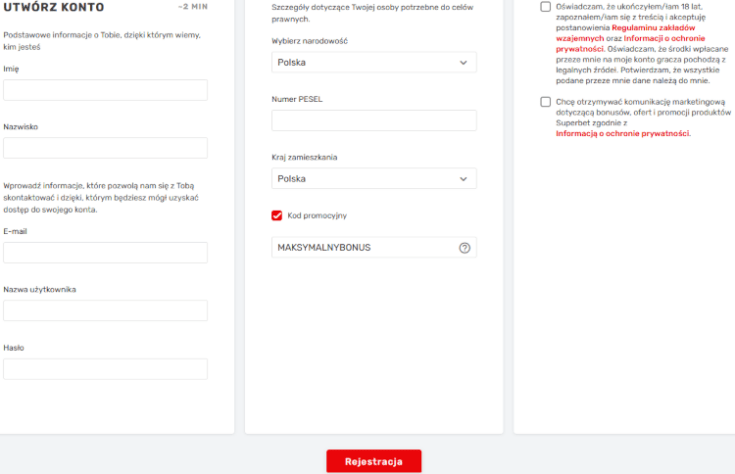 W Superbet do założenia konta gracza wystarczy tylko kilka najbardziej podstawowych informacji Konto tymczasowe u bukmachera Superbet