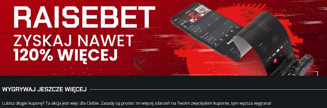 raiseBET w Betters - zyskaj nawet 120% więcej. Długi kupon bukmacherski wychodzący ze smartfona.