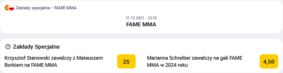 Zakłady specjalne na Fame MMA mogą być oferowane na długo przed kolejną galą - tu kursy Betclic Fame MMA - kursy na zakłady specjalne