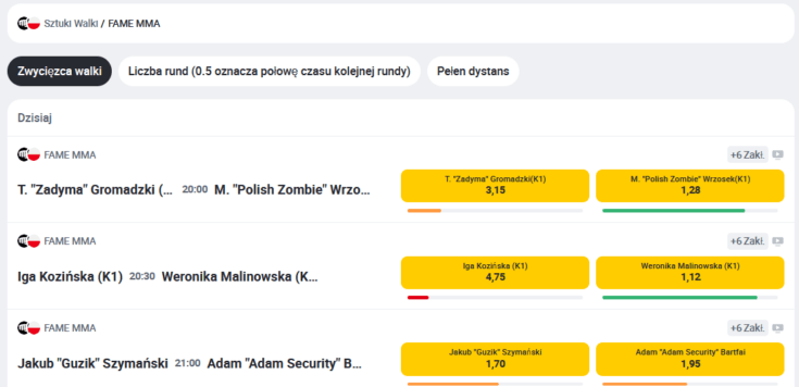 Podstawowe kursy na Fame MMA dotyczą zwycięzców walk - tu fragment oferty Betclic Fame MMA - kursy na zwycięzcę