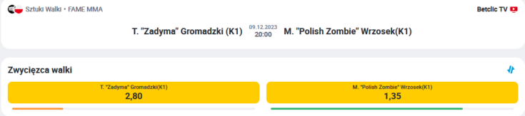 Żeby obstawić zakład na Fame MMA, należy kliknąć w wybrany przez siebie typ - tu oferta Betclic Fame MMA - obstawianie zakładów w praktyce