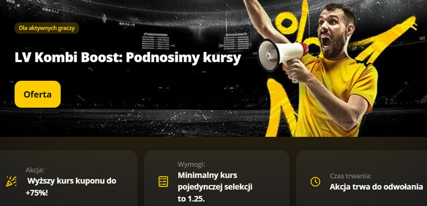 LV Kombi Boost w LV Bet - podnosimy kursy do 75%. Wymogi i czas trwania promocji. Mężczyzna krzyczący do megafonu