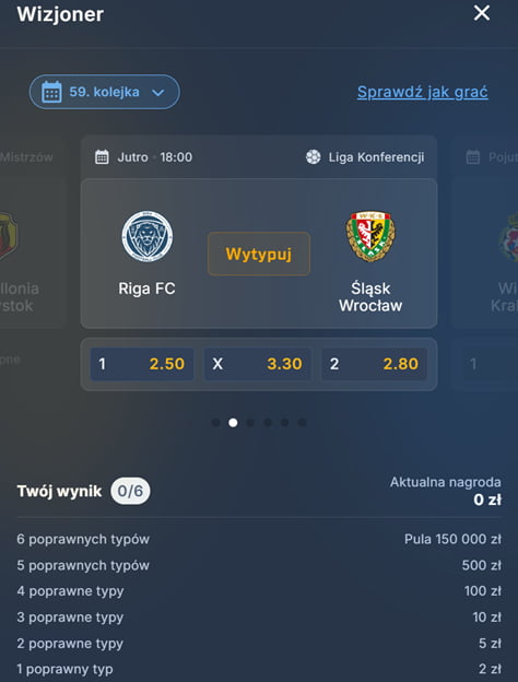 Wizjoner STS - przykładowa kolejka gry. Mecz do typowania, pula nagród