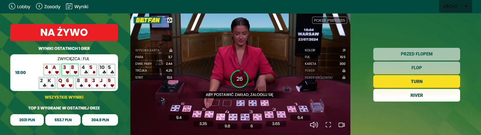 Betfan oferuje zakłady bukmacherskie online na pokera Texas Hold'em w trybie 24/7 Poker Texas Hold'em - zakłady w Betfan