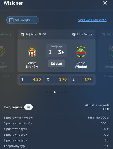 Wizjoner STS - 59. kolejka. Typ na Wisła Kraków - Rapid Wiedeń, kursy, nagrody