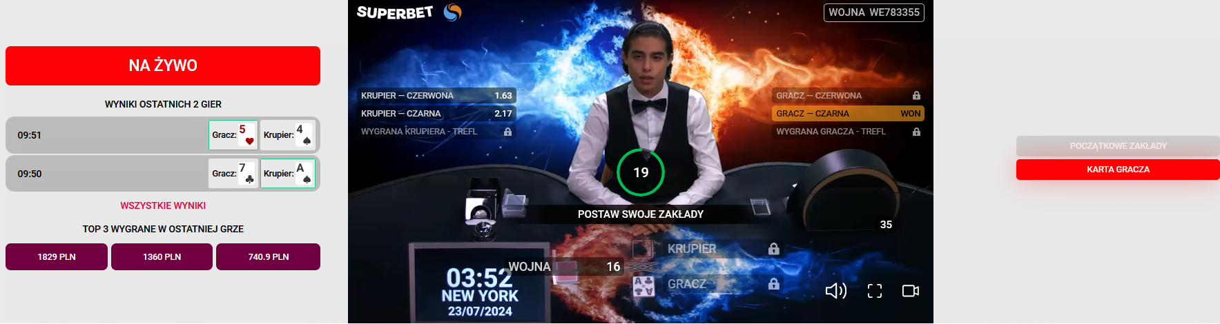 W Superbet można obstawiać nie tylko wynik gry w wojnę, ale też rynki poboczne Wojna - zakłady Superbet