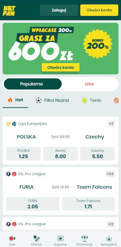 Aplikacja Betfan ma jasne, przyjemne kolory (tryb dzienny), ale gracz może wybrać też tryb nocny Betfan - aplikacja strona główna
