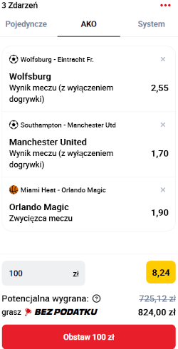 Betclic pokazuje na e-kuponie wygraną podwyższoną dzięki promocji i dla porównania standardową wygraną Obstawianie bez podatku - kupon w Betclic