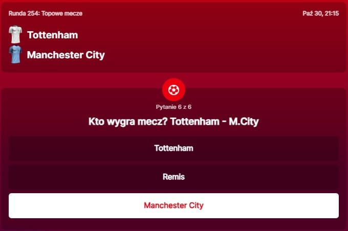 SuperGame w Superbet - typ bukmacherski na 254. rundę (Tottenham - Manchester City)