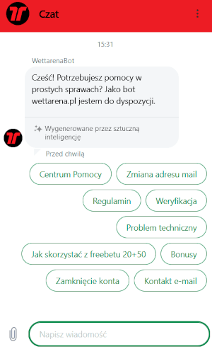 Poza godzinami pracy działu obsługi klienta WettArena można zadać pytanie botowi WettArena - czat na żywo