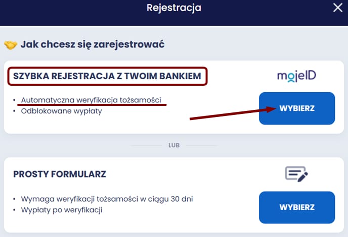 Metody rejestracji w ETOTO - szybka rejestracja z Twoim bankiem (mojeID) i prosty formularz. Cechy obu metod