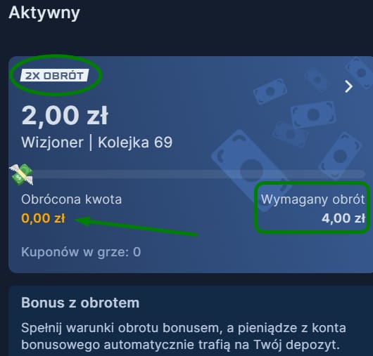 Aktywny bonus bez depozytu w STS, wygrany w promocji Wizjoner. Kwota bonusu: 2 zł, wymagany obrót: 4 zł.