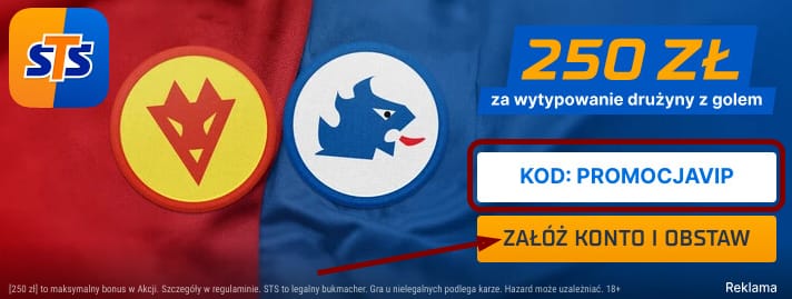 Bonus powitalny STS - dodatkowe 250 zł za zakład na gola wybranej drużyny w meczu Manchester United-Chelsea FC (Premier League). Kod promocyjny: PROMOCJAVIP. Herby obu klubów.