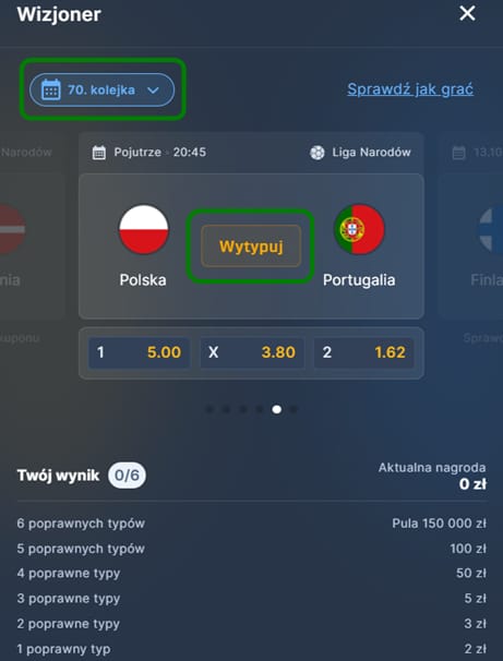 Wizjoner w STS - lista nagród, w tym bonusy bez depozytu, na przykładzie 70. kolejki gry. Przykładowy mecz do wytypowania: Polska - Portugalia.