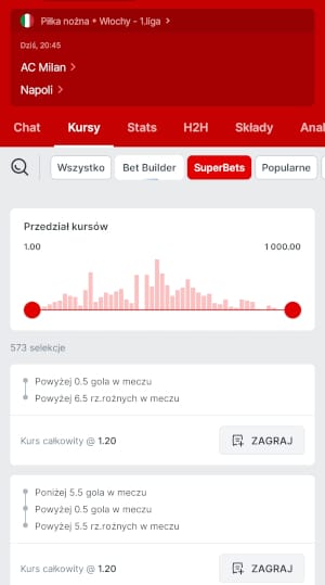 Aplikacja Superbet zawiera multum zakładów SuperBets, które łatwo przefiltrujesz za pomocą suwaka Aplikacja Superbet - zakłady SuperBets