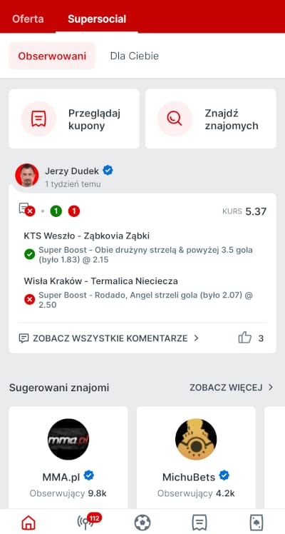 W Super Social można obserwować typy i wyniki gry znanych postaci sportu, m.in. Jerzego Dudka Aplikacja Superbet - platforma Super Social