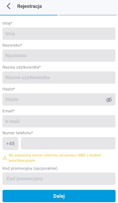 Aplikacja Betcris - rejestracja konta gracza