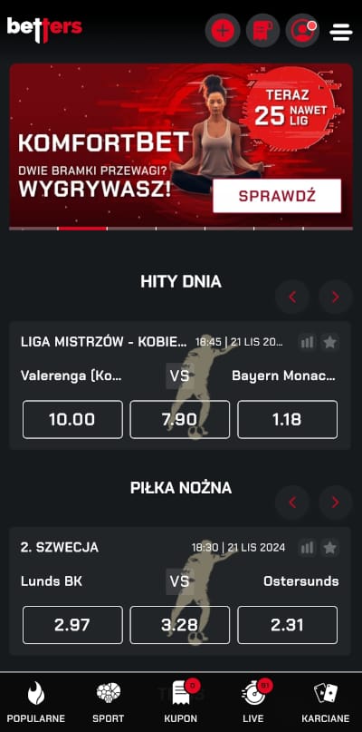 Aplikacja Betters ma pewne braki, jednak sama oferta bukmachera jest bardzo atrakcyjna Aplikacja Betters - strona główna
