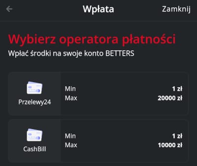 Szybkie wpłaty zrealizujesz w aplikacji Betters przy pomocy 2 operatorów, ale wielu metod płatności Aplikacja Betters - wpłaty