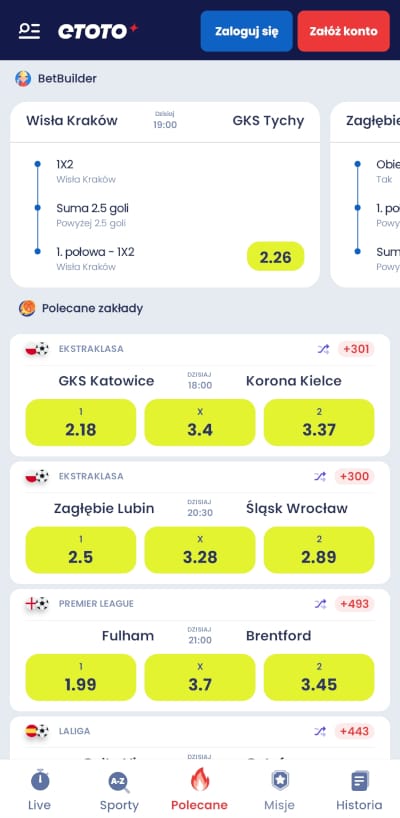 Aplikacja mobilne ETOTO - oferta zakładów przedmeczowych