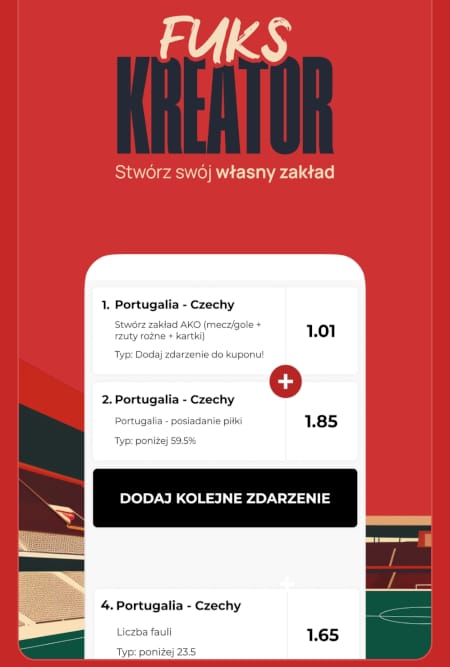 Tworzenie zakładu z oferty Fuks Kreator rozpocznij od wybrania pozycji z kursem 1.01 - potem możesz dodawać wybrane selekcje sportowe Aplikacja mobilna Fuksiarz - Fuks Kreator