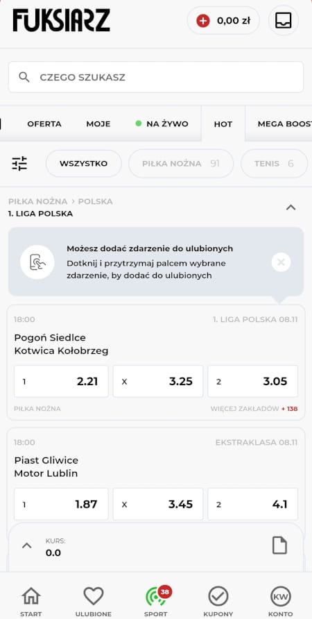 W zakładce  Aplikacja mobilna Fuksiarz - zakłady na sport