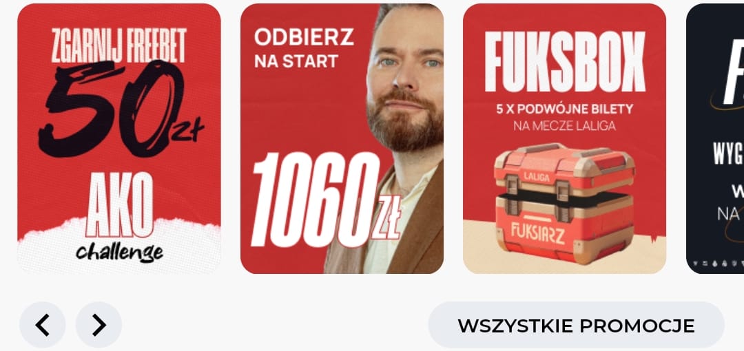 Na stronie głównej aplikacji Fuksiarz prezentuje swoje najważniejsze promocje Aplikacja mobilna Fuksiarz - promocje bukmacherskie